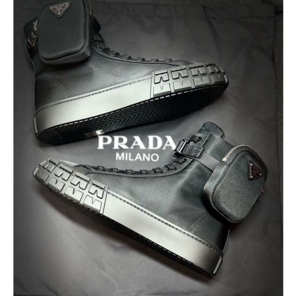 PRADA Wheel Re-Nylon Zip Pouch Black High-Top Sneakers with Mini Side Pouch - Picture 3 of 9
